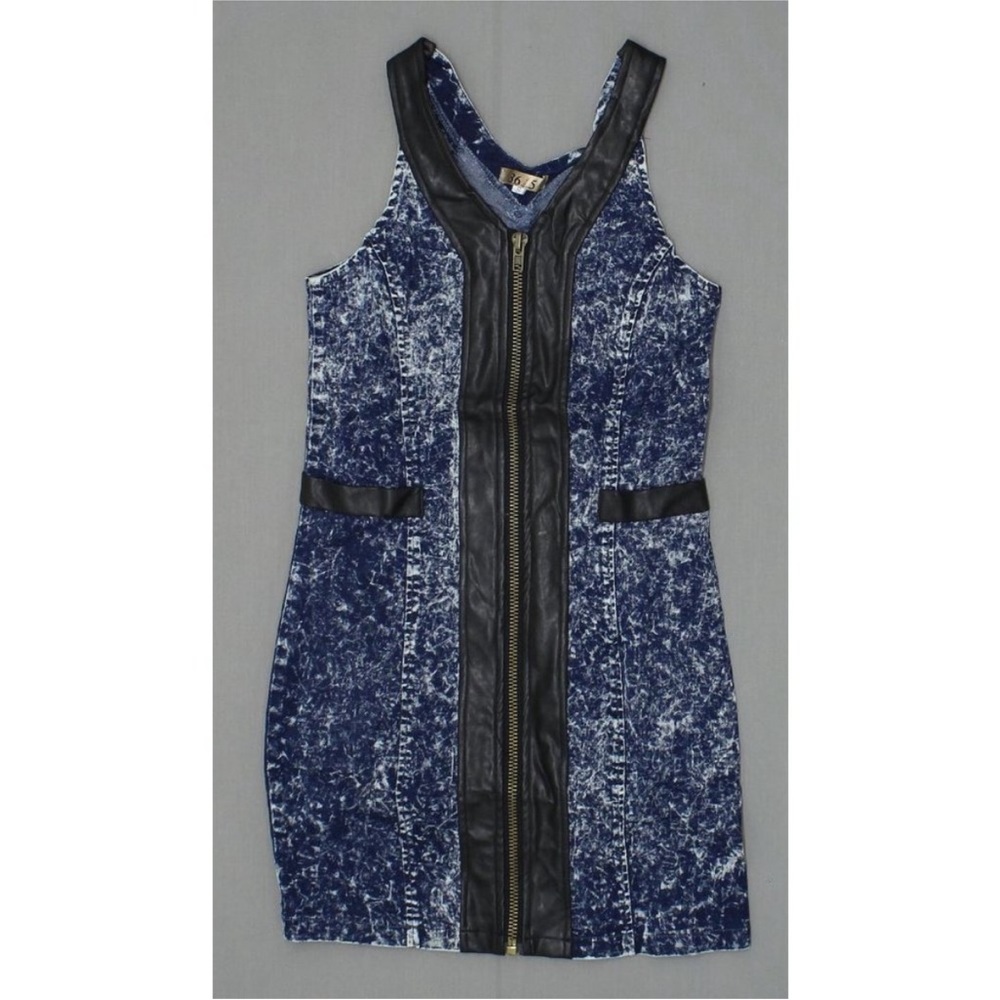 Faux denim and leather body con dress